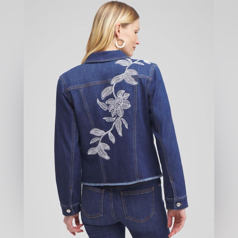 Fray Hem Embroidered Denim Jacket in Morwenna Indigo